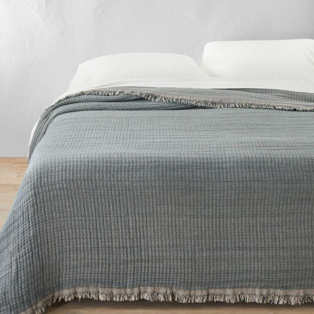 Casaluna - King Reversible Textured Cotton Chambray Coverlet Teal Blue